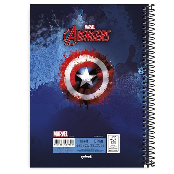 Caderno universitário capa dura 1x1 80 folhas, Marvel Avengers - Vingadores, Spiral, 211529 - PT 1 UN