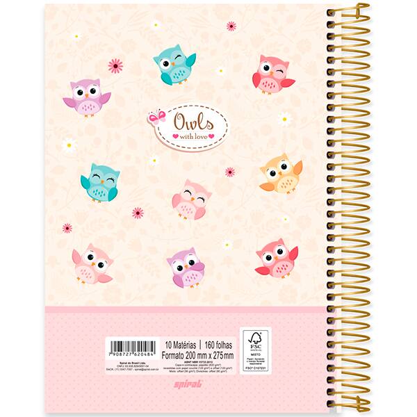 Caderno Universitário Capa Dura, 10 x 1, 160 Folhas, Corujinhas, 2520484, Spiral Cor - PT 1 UN