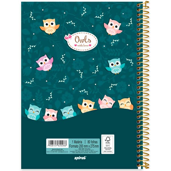 Caderno Universitário Capa Dura, 1 x 1, 80 Folhas, Corujuinhas, 2520286, Spiral Cor - PT 1 UN