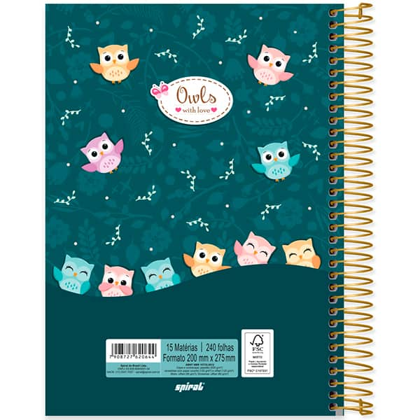 Caderno Universitário Capa Dura, 15 x 1, 240 Folhas, Corujinhas, 2520644, Spiral Cor - PT 1 UN