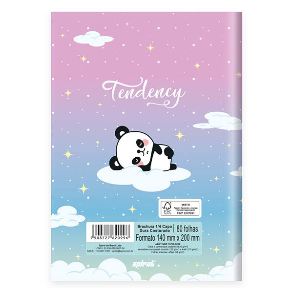 Caderno 1/4 costurado capa dura, 1 matéria, 80 folhas, Tendency Panda, 2520996, Spiral Ten - PT 1 UN