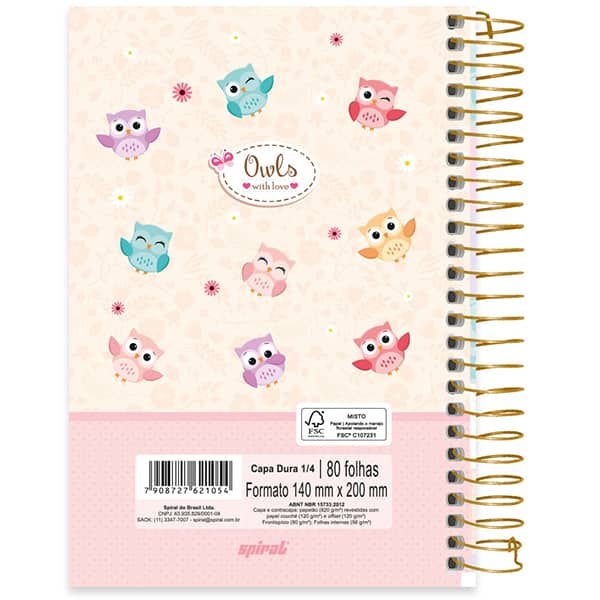 Caderno 1/4 espiral capa dura, 1 matéria, 80 folhas, Corujinhas, 2521054, Spiral Cor - PT 1 UN