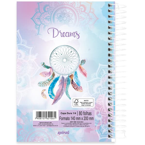 Caderno 1/4 espiral capa dura, 1 matéria, 80 folhas, Dreams, 2521061, Spiral Dms - PT 1 UN