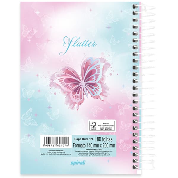 Caderno 1/4 espiral capa dura, 1 matéria, 80 folhas, Flutter, 2521078, Spiral Flu - PT 1 UN