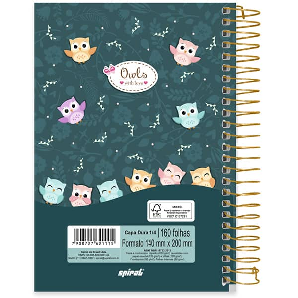 Caderno 1/4 espiral capa dura, 1 matéria, 160 folhas, Corujinhas, 2521115, Spiral Cor - PT 1 UN