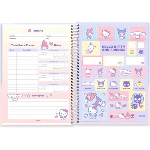 Caderno Universitário Capa Dura, 1 x 1, 80 Folhas, Hello Kitty e Amigos, 2760152, Spiral Hka - PT 1 UN
