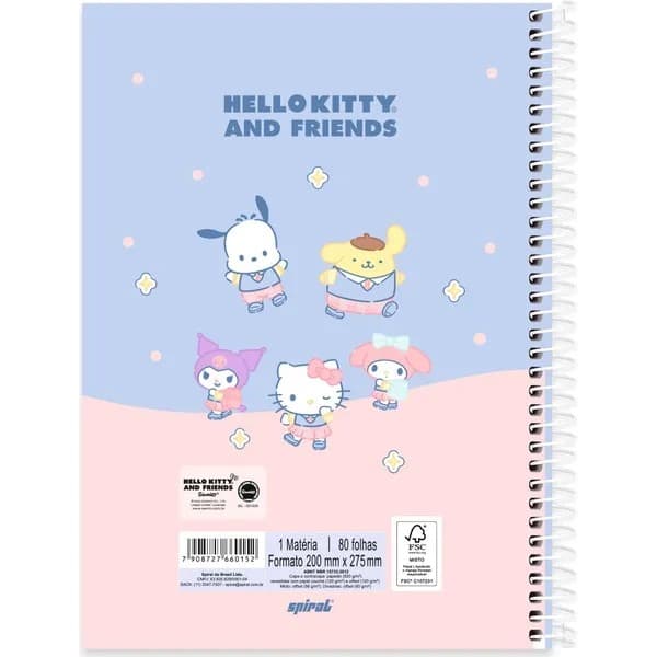 Caderno Universitário Capa Dura, 1 x 1, 80 Folhas, Hello Kitty e Amigos, 2760152, Spiral Hka - PT 1 UN