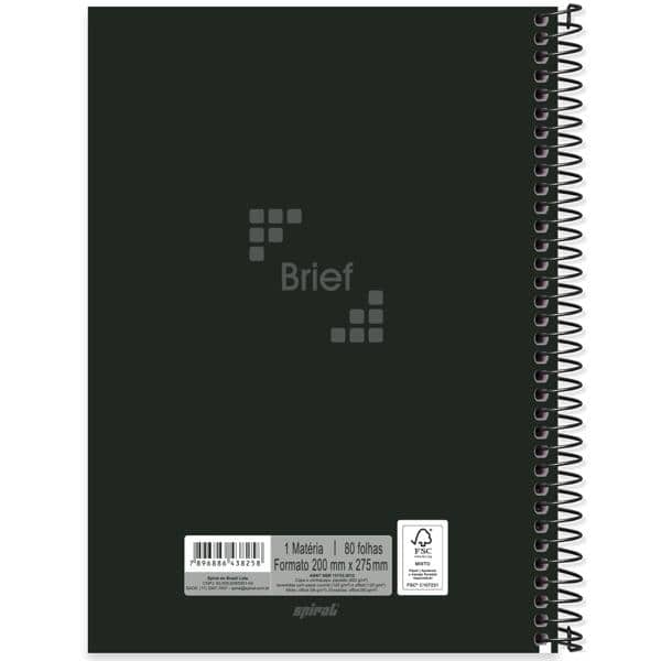 Caderno Universitário Capa Dura 1X1 80 Folhas Brief Preto Spiral - PT 1 UN