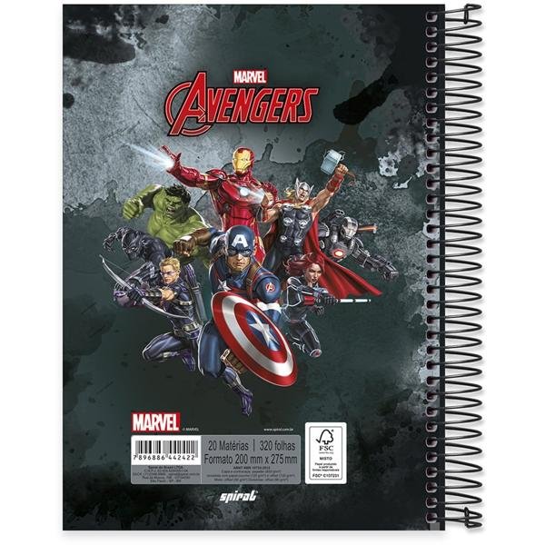 Caderno universitário capa dura 20x1 320 folhas, Marvel Avengers - Vingadores, Spiral, 212092 - PT 1 UN