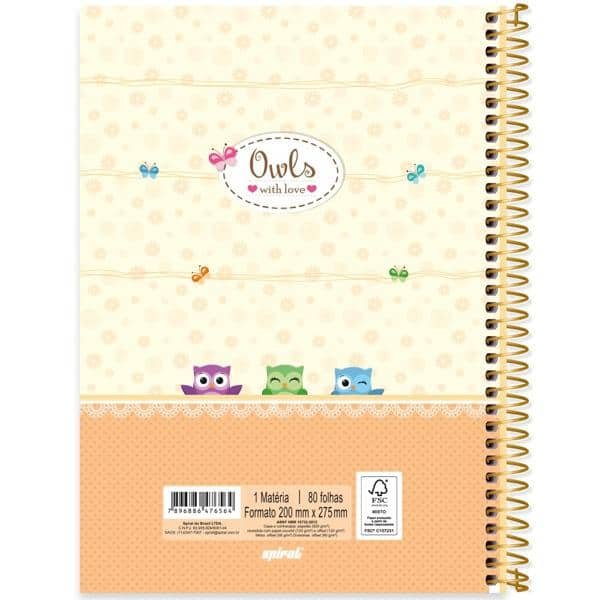 Caderno universitário capa dura 1x1 80 folhas, Corujinhas, Spiral, 2276564 - PT 1 UN