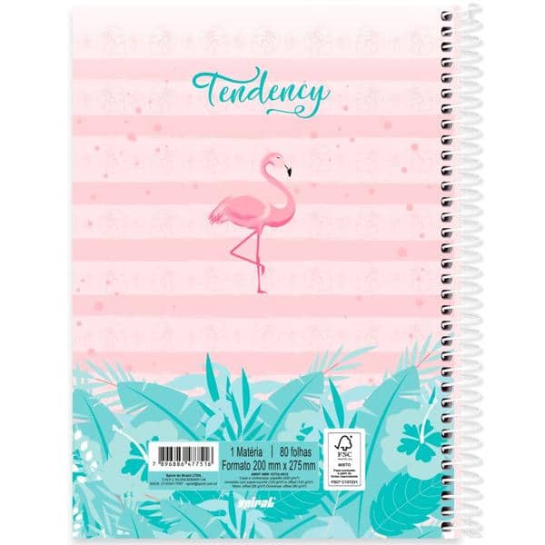 Caderno universitário capa dura 1x1 80 folhas, Tendency Flamingo, Spiral, 2277516 - PT 1 UN