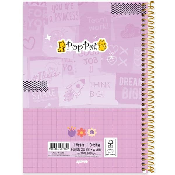 Caderno universitário capa dura 1x1 80 folhas, Pop Pet Panda, Spiral, 2277332 - PT 1 UN