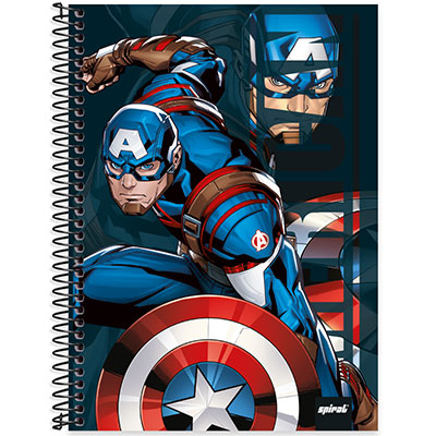 Caderno universitário capa dura 1x1 80 folhas, Marvel Avengers - Vingadores Cartão América, Spiral, 2276397 - PT 1 UN