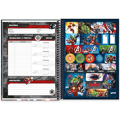 Caderno universitário capa dura 1x1 80 folhas, Marvel Avengers - Vingadores Cartão América, Spiral, 2276397 - PT 1 UN