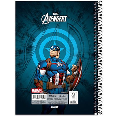 Caderno universitário capa dura 1x1 80 folhas, Marvel Avengers - Vingadores Cartão América, Spiral, 2276397 - PT 1 UN