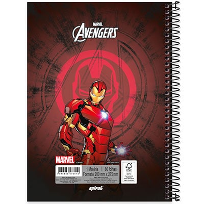 Caderno universitário capa dura 1x1 80 folhas, Marvel Avengers - Vingadores Homem de Ferro, Spiral, 2276410 - PT 1 UN