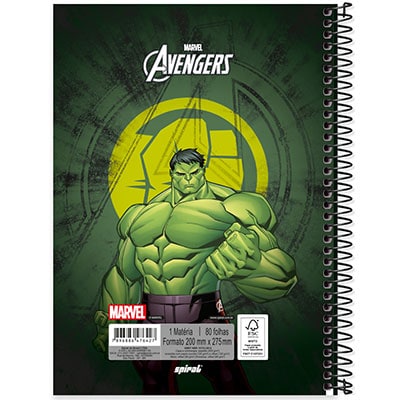 Caderno universitário capa dura 1x1 80 folhas, Marvel Avengers - Vingadores Hulk, Spiral, 2276427 - PT 1 UN