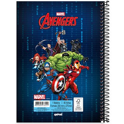 Caderno universitário capa dura 1x1 80 folhas, Marvel Avengers - Vingadores, Spiral, 2276441 - PT 1 UN