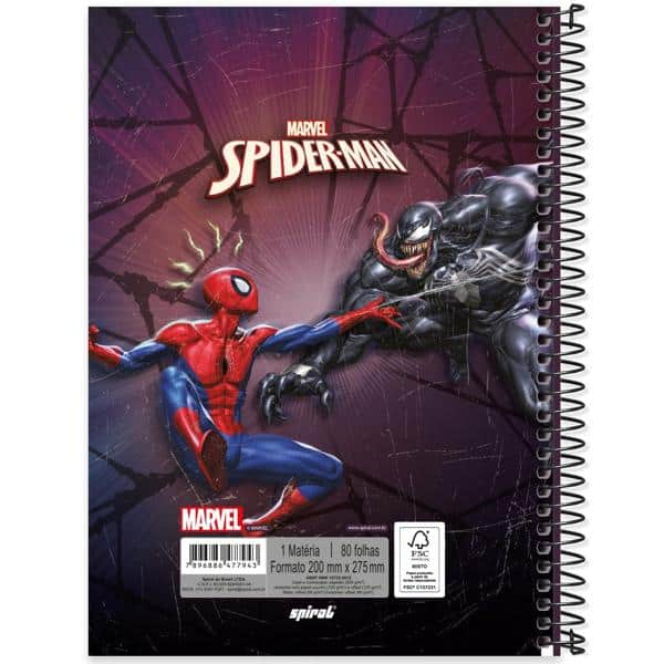 Caderno universitário capa dura 1x1 80 folhas, Homem Aranha Spiderman Marvel, Spiral, 2277943 - PT 1 UN