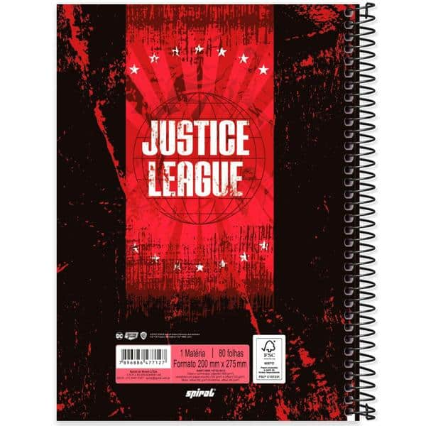 Caderno universitário capa dura 1x1 80 folhas, Liga da Justiça, Spiral, 2277127 - PT 1 UN