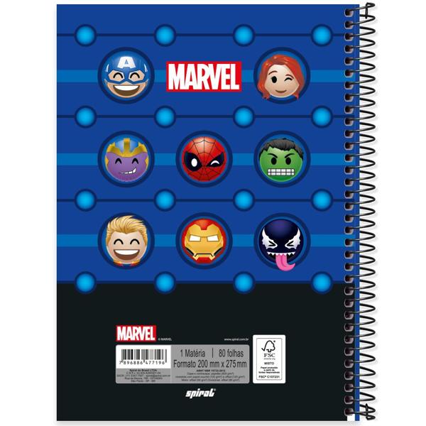 Caderno universitário capa dura 1x1 80 folhas, Marvel Emoji, Spiral, 2277196 - PT 1 UN