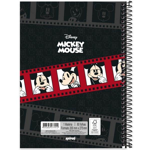 Caderno universitário capa dura 1x1 80 folhas, Mickey Disney Clássico, Spiral, 2277912 - PT 1 UN