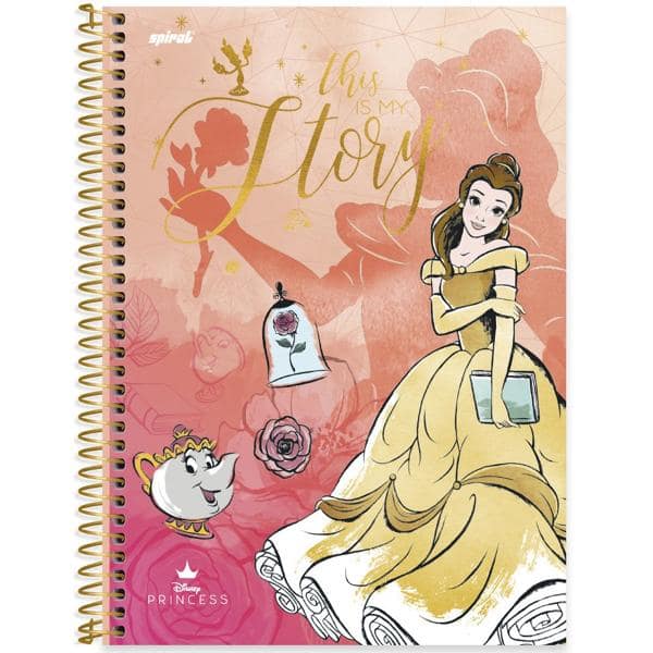 Caderno universitário capa dura 1x1 80 folhas, Princesas Disney Bela, Spiral, 2276724 - PT 1 UN