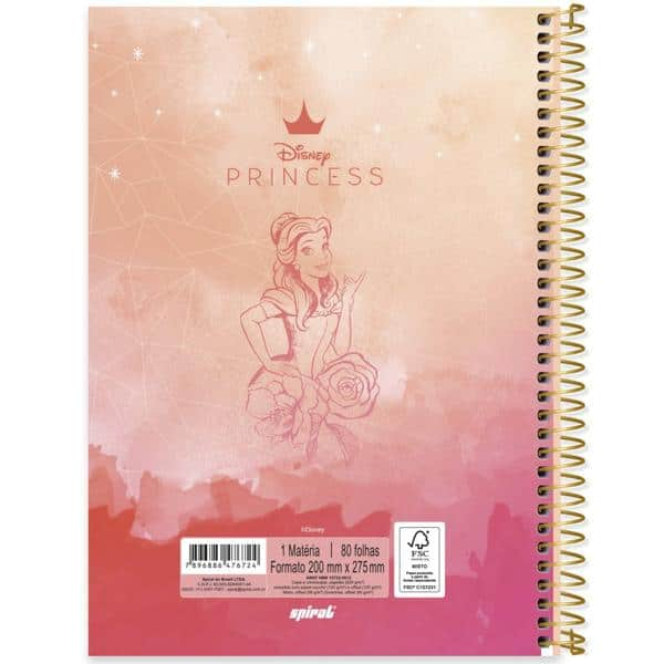 Caderno universitário capa dura 1x1 80 folhas, Princesas Disney Bela, Spiral, 2276724 - PT 1 UN