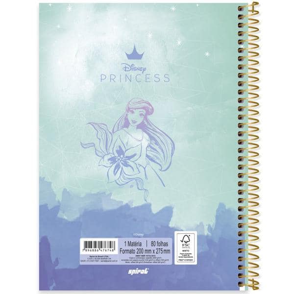 Caderno universitário capa dura 1x1 80 folhas, Princesas Disney Ariel, Spiral, 2276748 - PT 1 UN