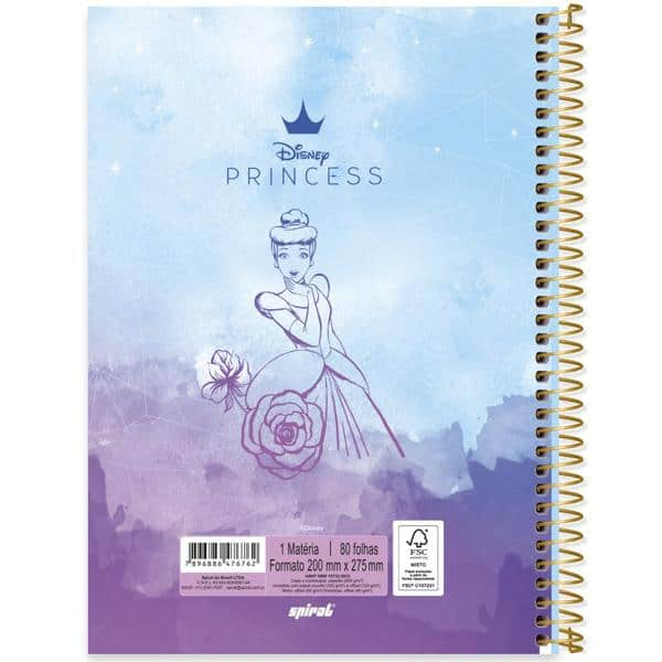 Caderno universitário capa dura 1x1 80 folhas, Princesas Disney Cinderela, Spiral, 2276762 - PT 1 UN