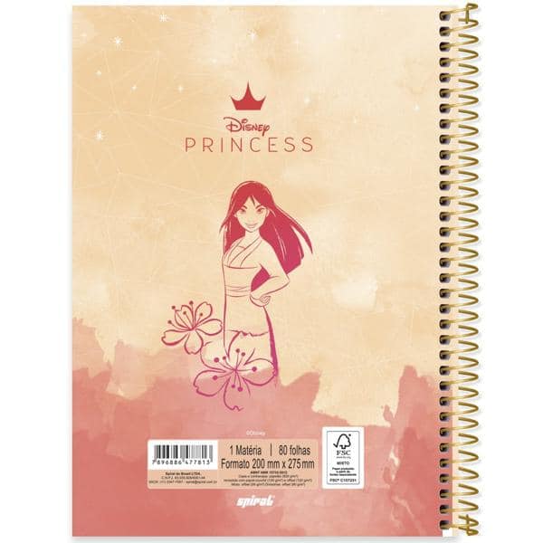 Caderno universitário capa dura 1x1 80 folhas, Princesas Disney Mulan, Spiral, 2277813 - PT 1 UN