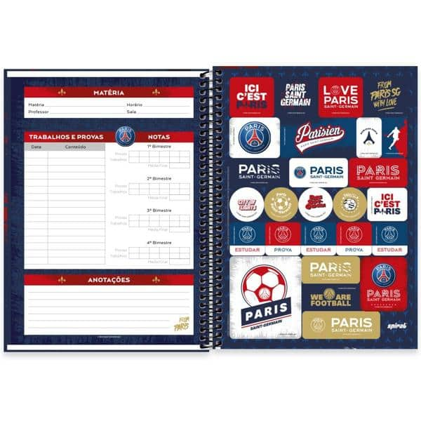 Caderno universitário capa dura 1x1 80 folhas, Paris Saint Germain - PSG, Spiral, 2277349 - PT 1 UN