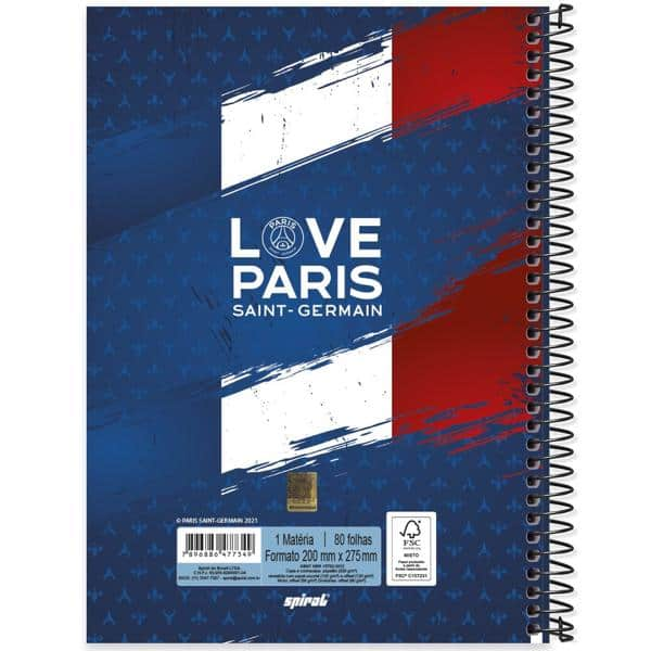 Caderno universitário capa dura 1x1 80 folhas, Paris Saint Germain - PSG, Spiral, 2277349 - PT 1 UN