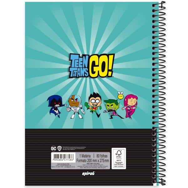 Caderno universitário capa dura 1x1 80 folhas, Jovens Titãs - Teen Titans Go, Spiral, 2277486 - PT 1 UN