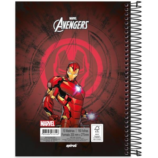 Caderno universitário capa dura 10x1 160 folhas, Marvel Avengers - Vingadores Homem de Ferro, Spiral, 2278148 - PT 1 UN