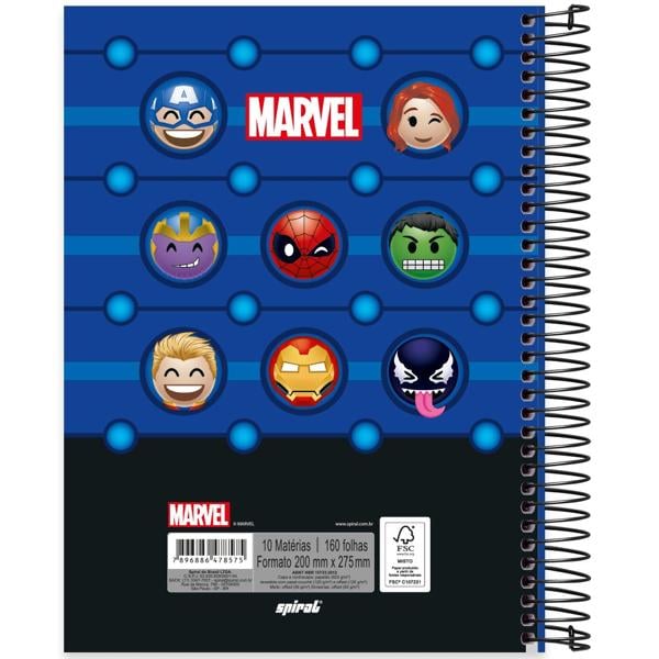 Caderno universitário capa dura 10x1 160 folhas, Marvel Emoji, Spiral, 2278575 - PT 1 UN