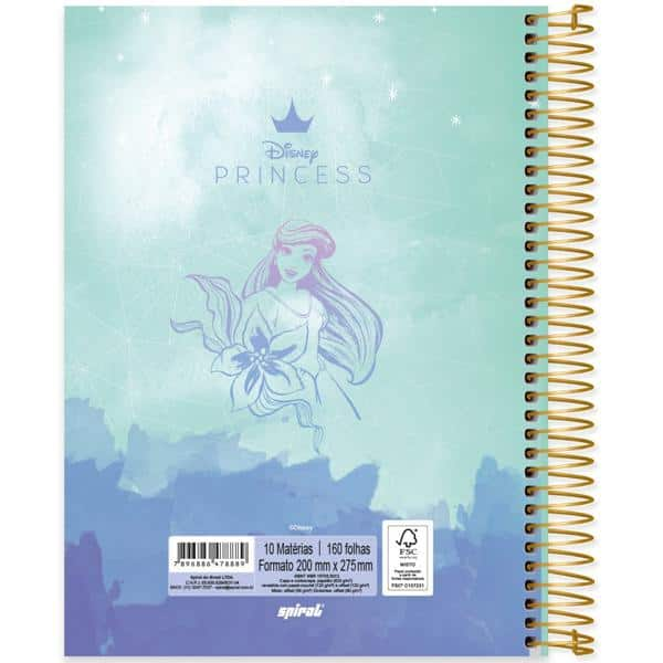 Caderno universitário capa dura 10x1 160 folhas, Princesas Disney Ariel, Spiral, 2278889 - PT 1 UN