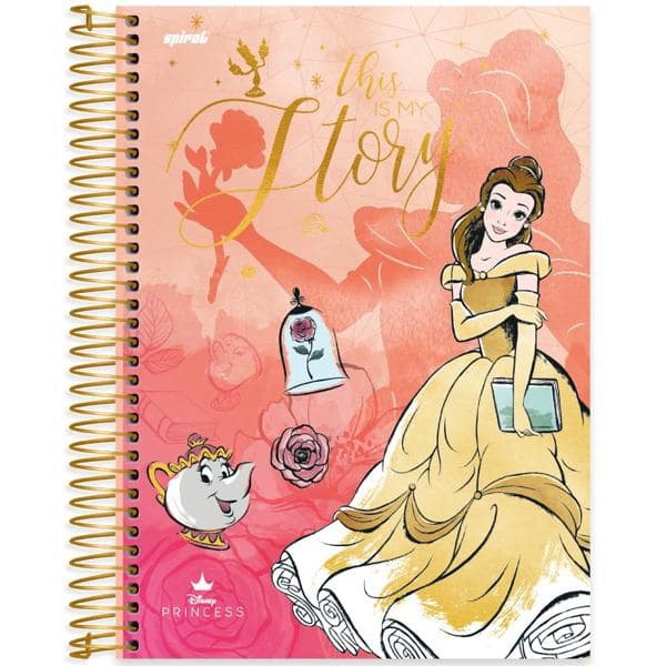 Caderno universitário capa dura 10x1 160 folhas, Princesas Disney Bela, Spiral, 2228808 - PT 1 UN