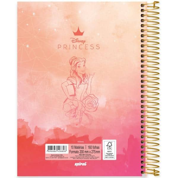 Caderno universitário capa dura 10x1 160 folhas, Princesas Disney Bela, Spiral, 2228808 - PT 1 UN