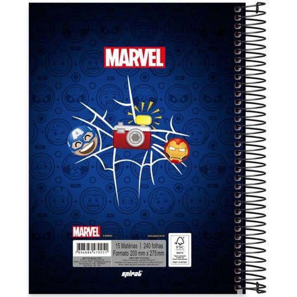 Caderno universitário capa dura 15x1 240 folhas, Marvel Emoji, Spiral, 2279251 - PT 1 UN