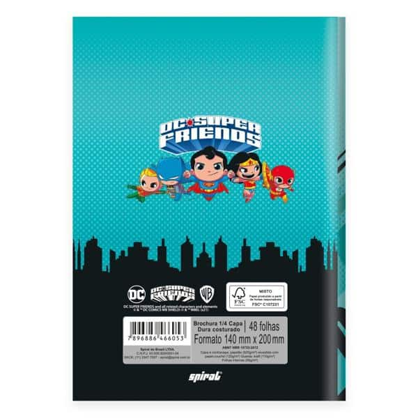 Caderno 1/4 capa dura costurado 48 folhas, DC Super Friends Liga da Justiça, Spiral, 2266053 - PT 1 UN