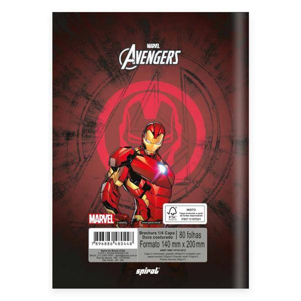 Caderno 1/4 capa dura costurado 80 folhas, Vingadores Avengers Marvel Homem de Ferro, Spiral, 2280448 - PT 1 UN