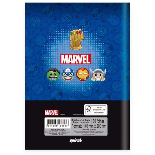 Caderno 1/4 capa dura costurado 80 folhas, Marvel Emoji Logo Marvel, Spiral, 2280516 - PT 1 UN