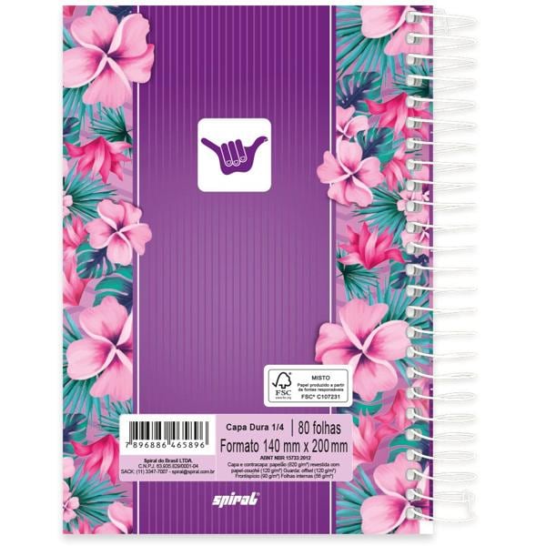 Caderno 1/4 Espiral Capa Dura 80 folhas, Hang Loose Roxo, Spiral, 2265896 - PT 1 UN