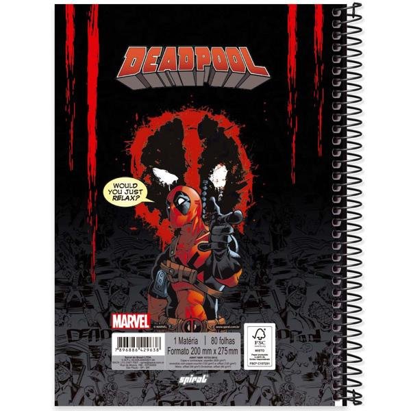 Caderno universitário capa dura 1x1 80 folhas, Marvel Deadpool, Spiral, 2229638 - PT 1 UN