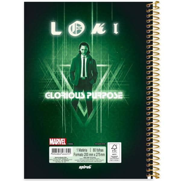 Caderno universitário capa dura 1x1 80 folhas, Marvel Loki, Spiral, 2266251 - PT 1 UN