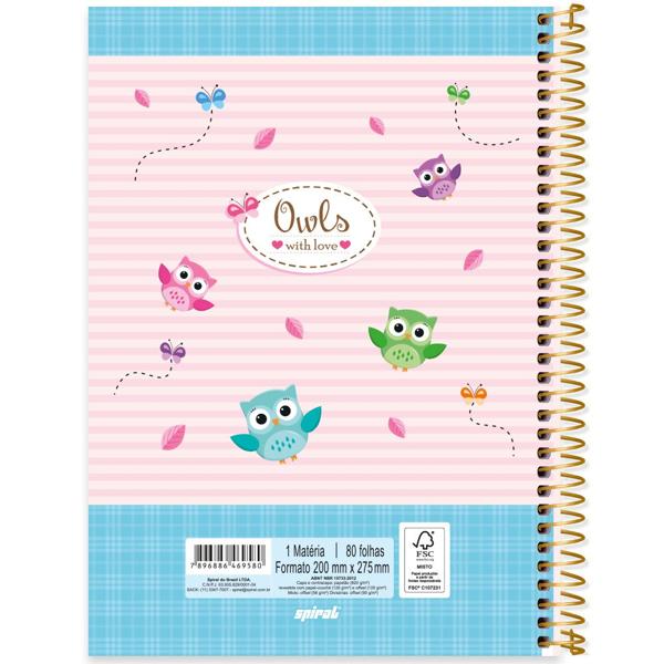 Caderno universitário capa dura, 1x1, 80 folhas, Corujinhas, 2369580, Spiral Cor - PT 1 UN