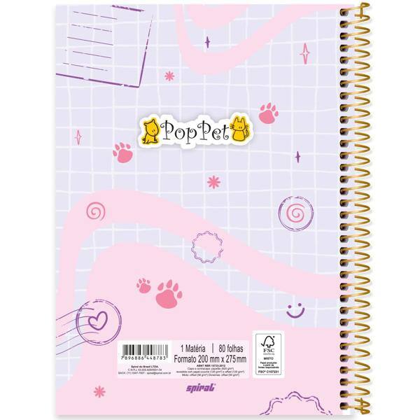 Caderno universitário capa dura, 1x1, 80 folhas, Pop Pet, 2348783, Spiral Pop - PT 1 UN