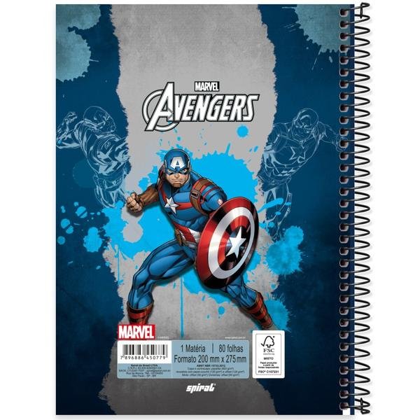 Caderno universitário capa dura, 1x1 80 folhas, Avengers, 2350779, Spiral Av - PT 1 UN
