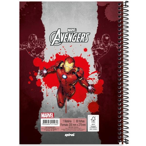 Caderno universitário capa dura, 1x1 80 folhas, Avengers, 2351080, Spiral Av - PT 1 UN